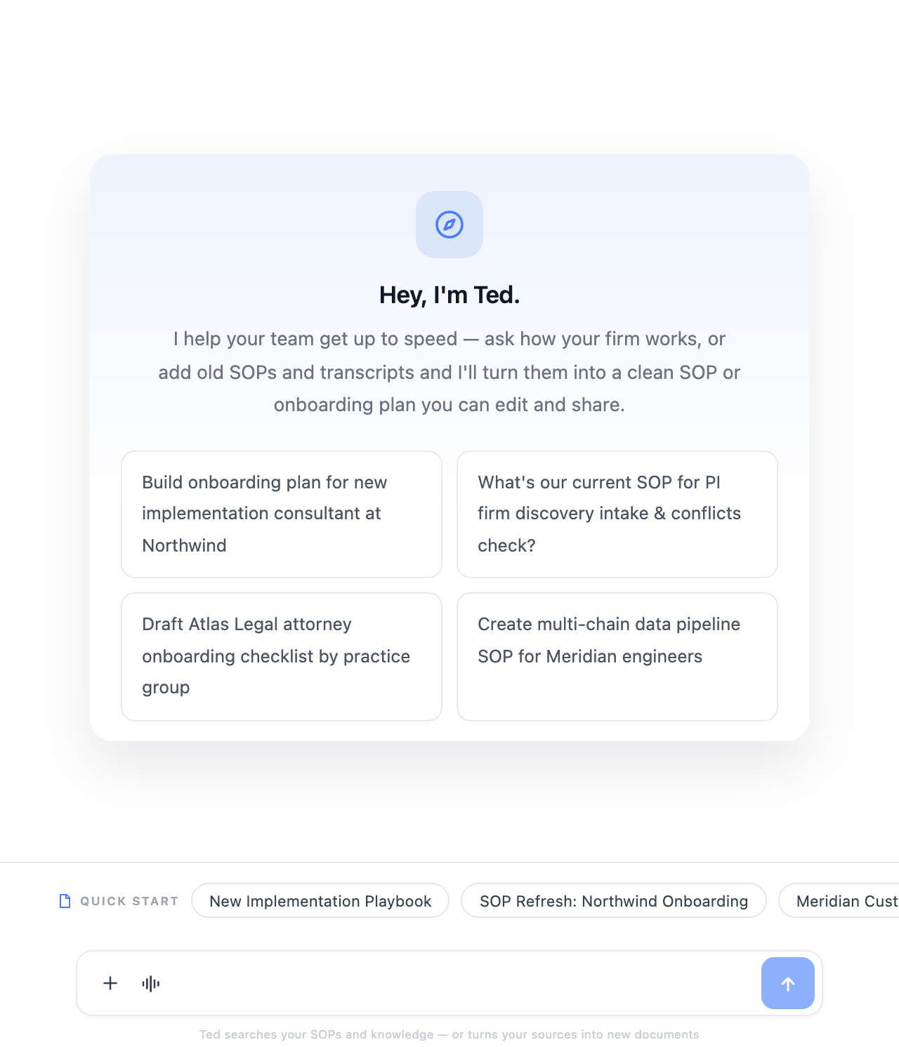 Ted, the AI operator: chat workspace turning firm knowledge into SOPs and onboarding plans